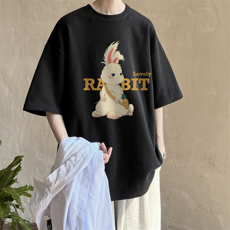 Rabbit Waffle Short Sleeves Mens Summer American High Street Street เสื้อยืดน้ําหนักคู่ oversize Thr