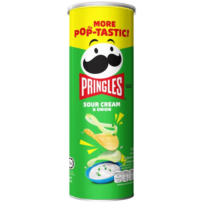 พริงเกิลส์มันฝรั่งทอดกรอบรสซาวครีมและหัวหอม 102ก Pringles Potato Chip Sour Cream and Onion 102g [บาร์โค้ด 8886467100024]
