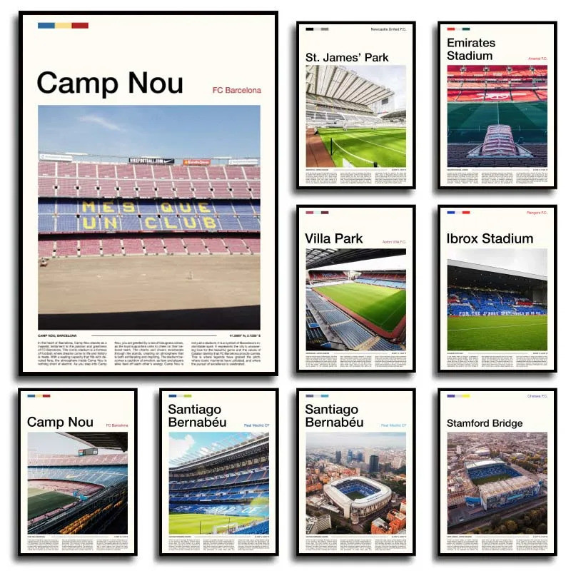 สนามฟุตบอลที่มีชื่อเสียงระดับโลก Camp Nou Bernabeu Etihad Old Trafford Stadium โปสเตอร์ผ้าใบภาพวาดตก