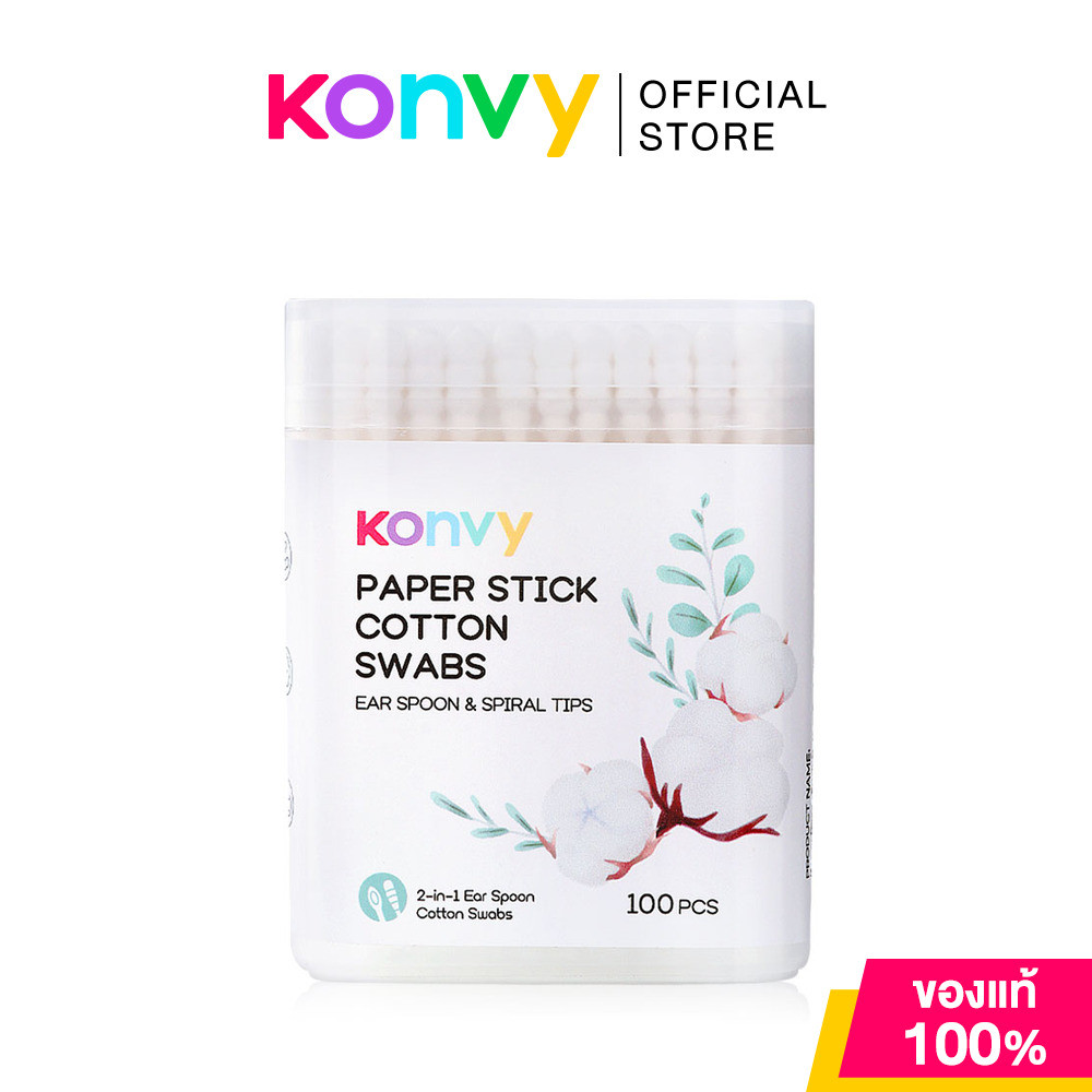 Konvy Paper Stick Cotton Swabs Ear Spoon & Spiral Tips 100pcs คอนวี่ ก้านสำลีแกนกระดาษ 2 หัว.