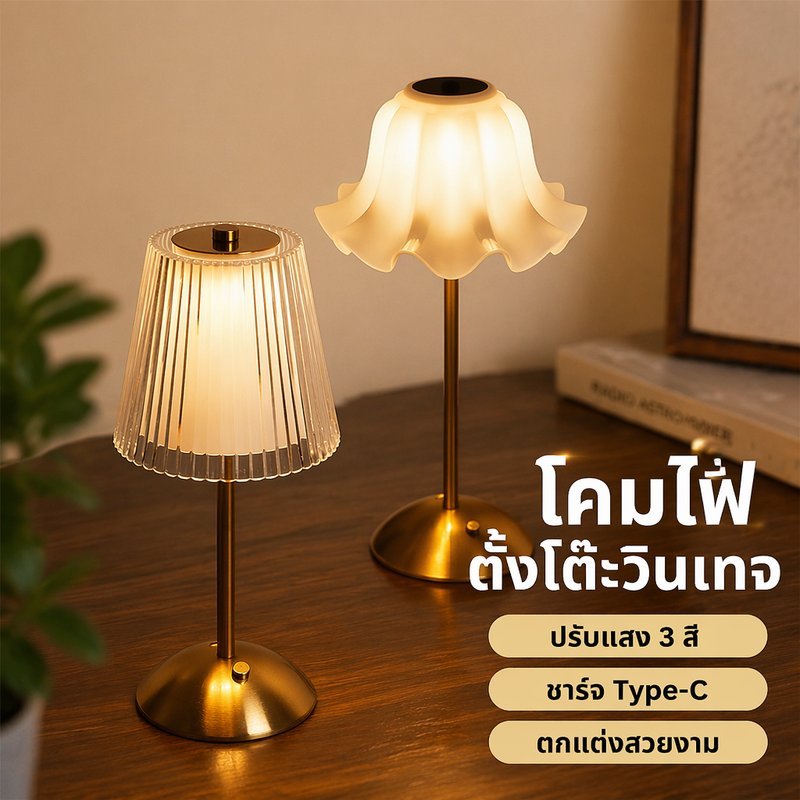 โคมไฟตั้งโต๊ะ LED สัมผัส ปรับแสง 3 สี ชาร์จ Type C สไตล์วินเทจ คริสตัล ไฟกลางคืน