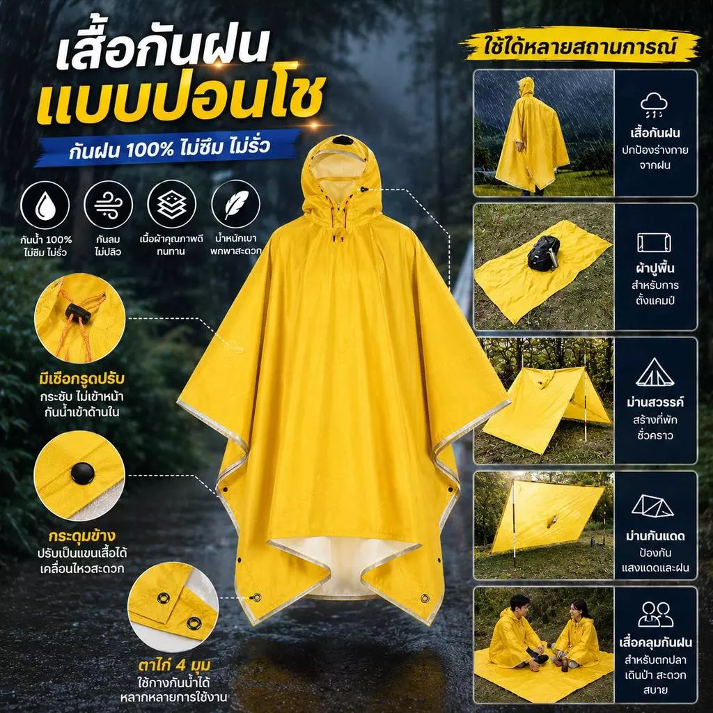 เสื้อกันฝน, เสื้อกันฝนค้างคาว 3 in 1, เดินป่าแคมปิ้งกลางแจ้ง, อเนกประสงค์ แข็งแรง ทนทาน ไม่ขาดง่าย ป้องกันฝนตกหนักได้ดี