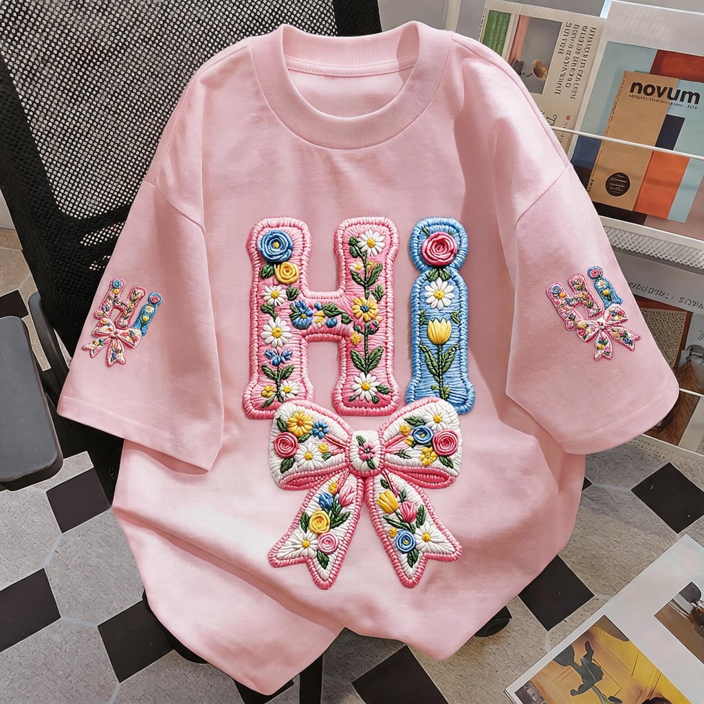 TEE·SHOP เสื้อยืด oversize เสื้อเท่ๆ เกาหลี " Floral HI Bow " เสื้อแฟชั่นใ เกาหลีสไตล์ พิมพ์ลาย ผ้านิ่มใส่สบาย COD