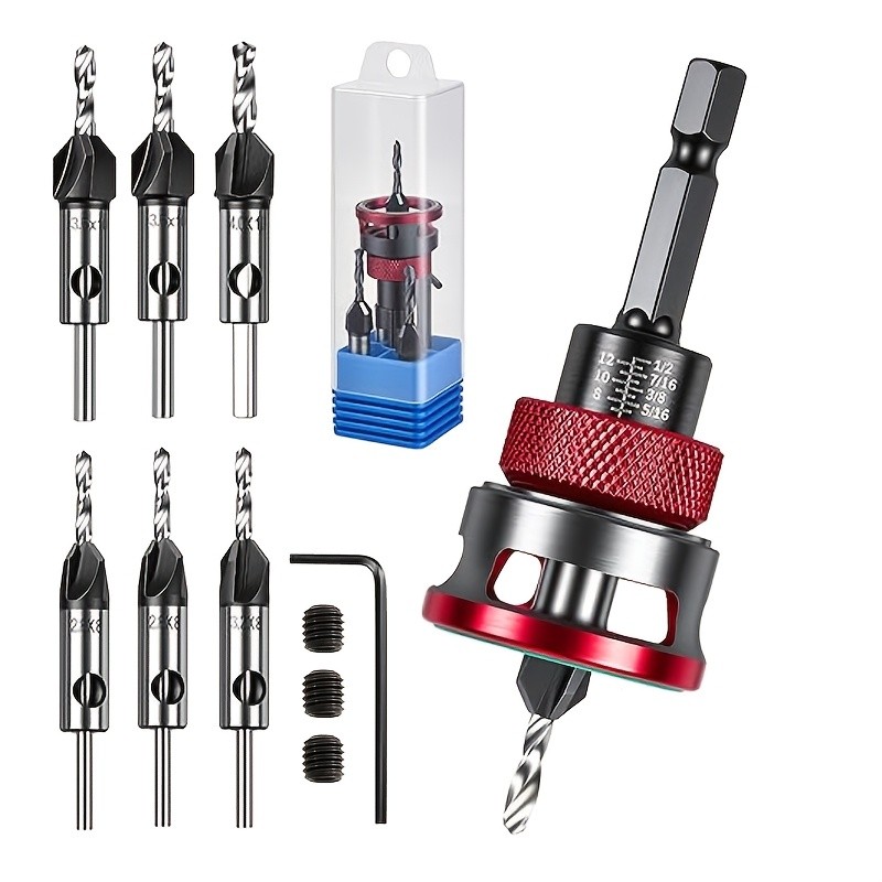 ปรับความลึกไม้ Countersink เจาะชุด Bit 7PCS หลายขนาด HSS Hex Shank สกรูหดตัวเจาะสําเร็จการศึกษาความลึกหยุดแหวนสําหรับช่างไม้ตู้ชั้น DIY เฟอร์นิเจอร์บน