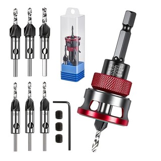 ปรับความลึกไม้ Countersink เจาะชุด Bit 7PCS หลายขนาด HSS Hex Shank สกรูหดตัวเจาะสําเร็จการศึกษาความลึกหยุดแหวนสําหรับช่างไม้ตู้ชั้น DIY เฟอร์นิเจอร์บน