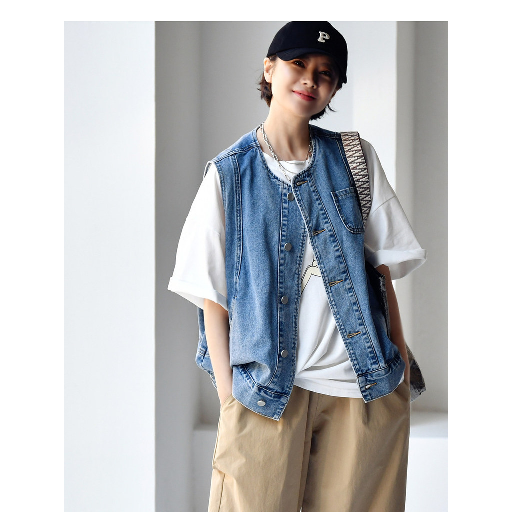 V6269C เวอร์ชั่นเกาหลี Casual Age-Reduction กระเป๋าเดี่ยวหลวม 2 สีล้าง Denim เสื้อกั๊กแจ็คเก็ตหญิงฤด