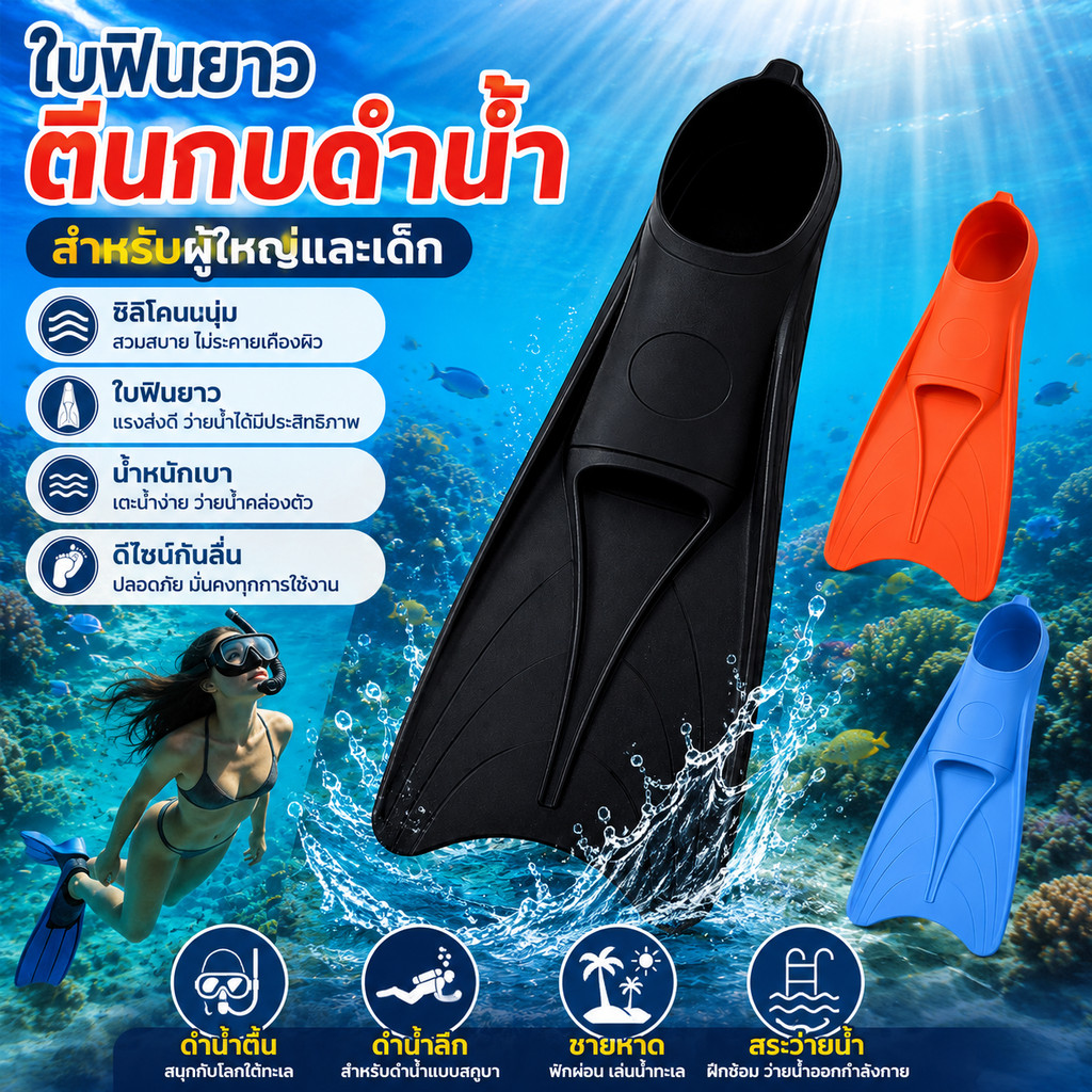 ฟินว่ายน้ำ ฟินตีนกบ ดำน้ำตื้น ดำน้ำลึก ใบมีดยาว TPE ซิลิโคน นุ่ม ยืดหยุ่น เด็ก ผู้ใหญ่ สวมสบาย สระว่ายน้ำ ชายหาด สำหรับครอบครัว
