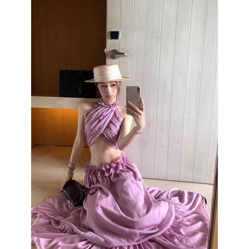 New Island Vacation Style Halter Neck Top Spring Summer Ruffled Skirt Suit Female 7.8.0
