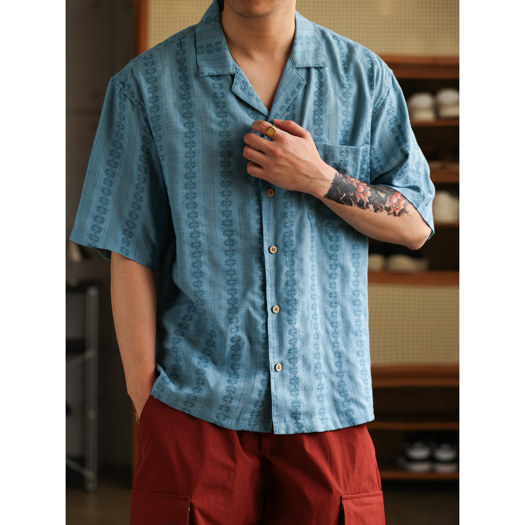 BGYO Luqi American Retro Bohemian เสื้อเชิ้ตแขนสั้นผู้ชายฮาวายวันหยุดลําลองเสื้อคอคิวบา