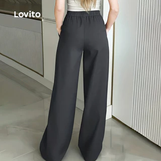 Lovito แคชชวล กางเกงลําลองผู้หญิง สีเทาเข้ม ทรงซิป กระดุม ดีไซน์คลาสสิก เหมาะสําหรับฤดูใบไม้ผลิและฤดูร้อน L34LD052