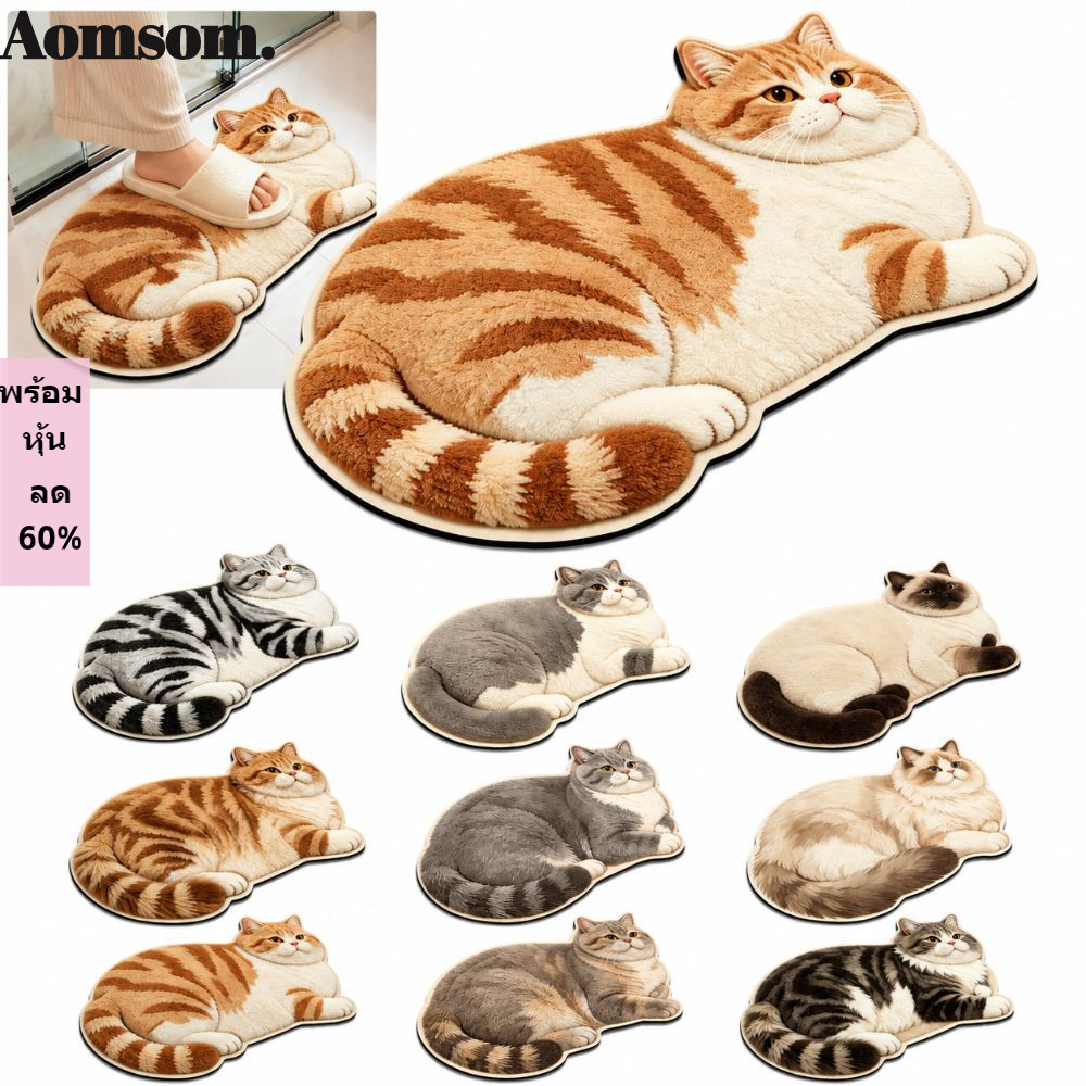 AOMSOM พรมปูพื้นแมวน่ารัก, 40*60 ซม.Ragdoll/ Orange Cat Home พรมห้องน้ํา, กันลื่นดูดซับน้ํา Quick-drying ประตูห้องนอนพรมขนาดเล็กสําหรับโต๊ะข้างเตียง