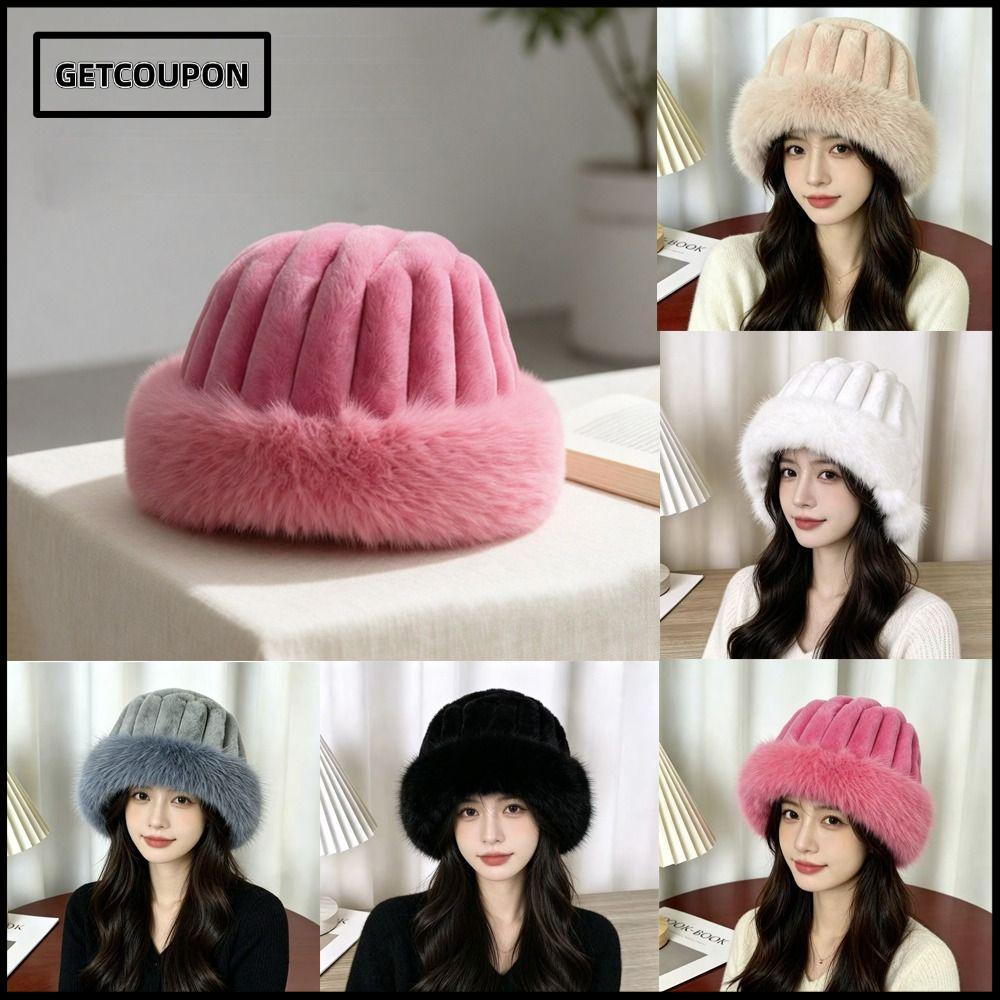 GETCOUPON Winter Bucket Hat, Faux Fur Ribbed Crown Faux Fur Bucket Hat, Soft Texture Plush Wide Brim