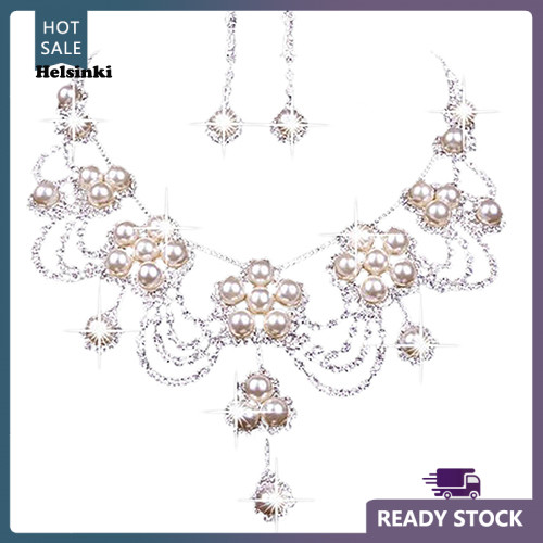 HLS ผู้หญิง\s Luxury Rhinestone Faux Pearl สร้อยคอต่างหูแต่งงานเจ้าสาวชุดเครื่องประดับ