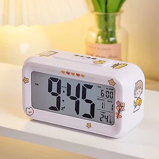 นาฬิกาดิจิตอล ฟรีสติ๊กเกอร์ LCD Clock นาฬิกาปลุก นาฬิกาเรื่องเเสง ตั้งโต๊ะ เรืองแสง สีขาว