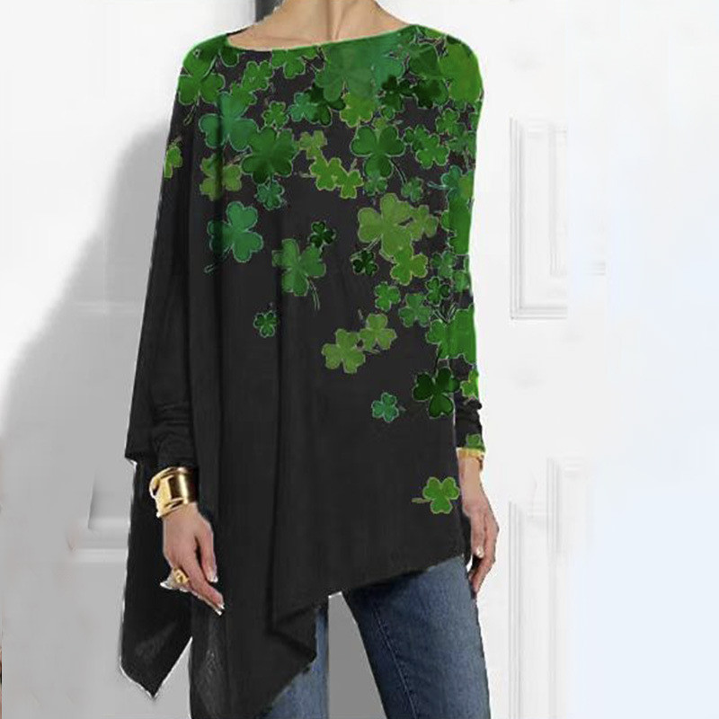 2022 Saint Pa เสื้อผ้าผู้หญิง 3D พิมพ์ Clover ไม่สม่ําเสมอรอบคอแขนยาวหลวมเสื้อยืดผู้หญิง Top