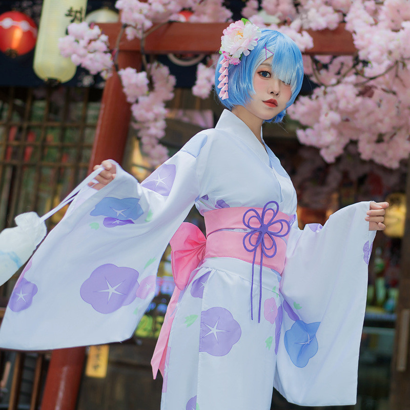 Rem คอสเพลย์เสื้อผ้าผู้หญิงพร้อมสต็อกจาก Scratch Ram Kimono Yukata Rem คอสเพลย์ 37FG