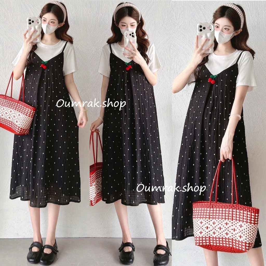 AA4773 (ส่งด่วน/ส่งทันที) เดรสเอี๊ยมชุดเย็บติดกัน ปักน้องเชอรี่3D เสื้อผ้ายืด เอี๊ยมชีฟองย่นพิมพ์ลาย มีซับใน (งานแฟชั่น)
