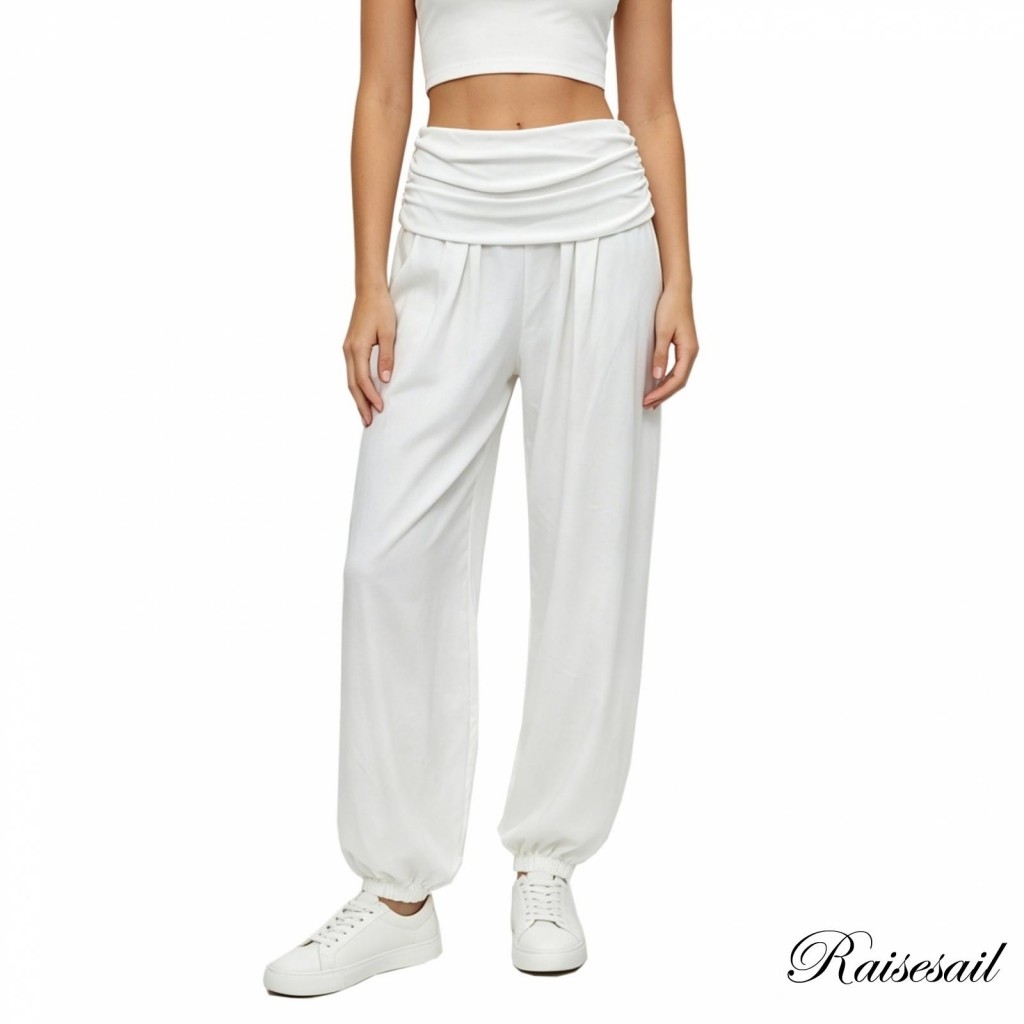 Rs-Women Cuffed กางเกงพับ Over Ruched เอว Joggers กางเกงลําลองหลวม