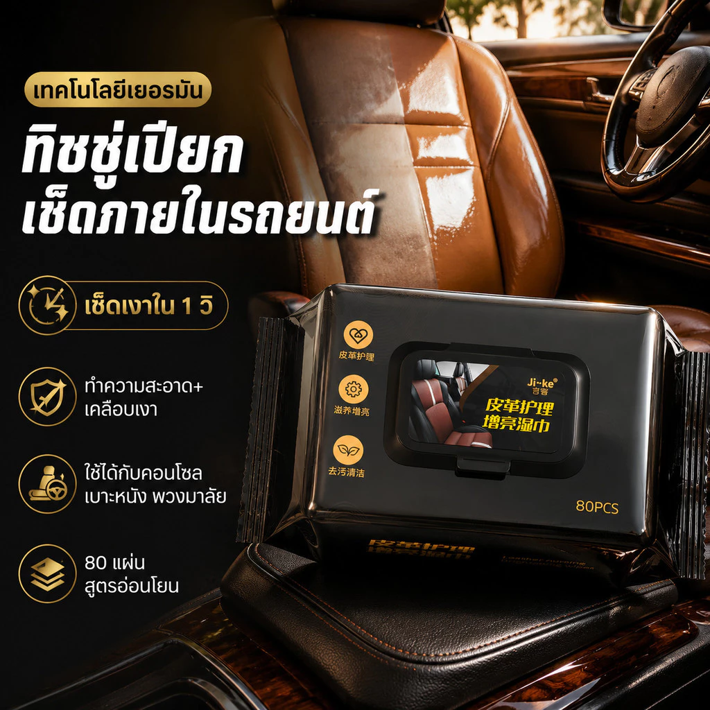 ทิชชู่เปียกเช็ดภายในรถยนต์ เทคโนโลยีเยอรมัน ผ้าเช็ดทำความสะอาดและเคลือบเงาภายในรถ เช็ดเงาใน 1 วิ ใช้ได้กับคอนโซล เบาะหนัง พวงมาลัย แผงประตู ทำความสะอาดฝุ่น คราบสกปรก ลดหมอง เพิ่มความเงางาม สูตรอ่อนโยน 80 แผ่น