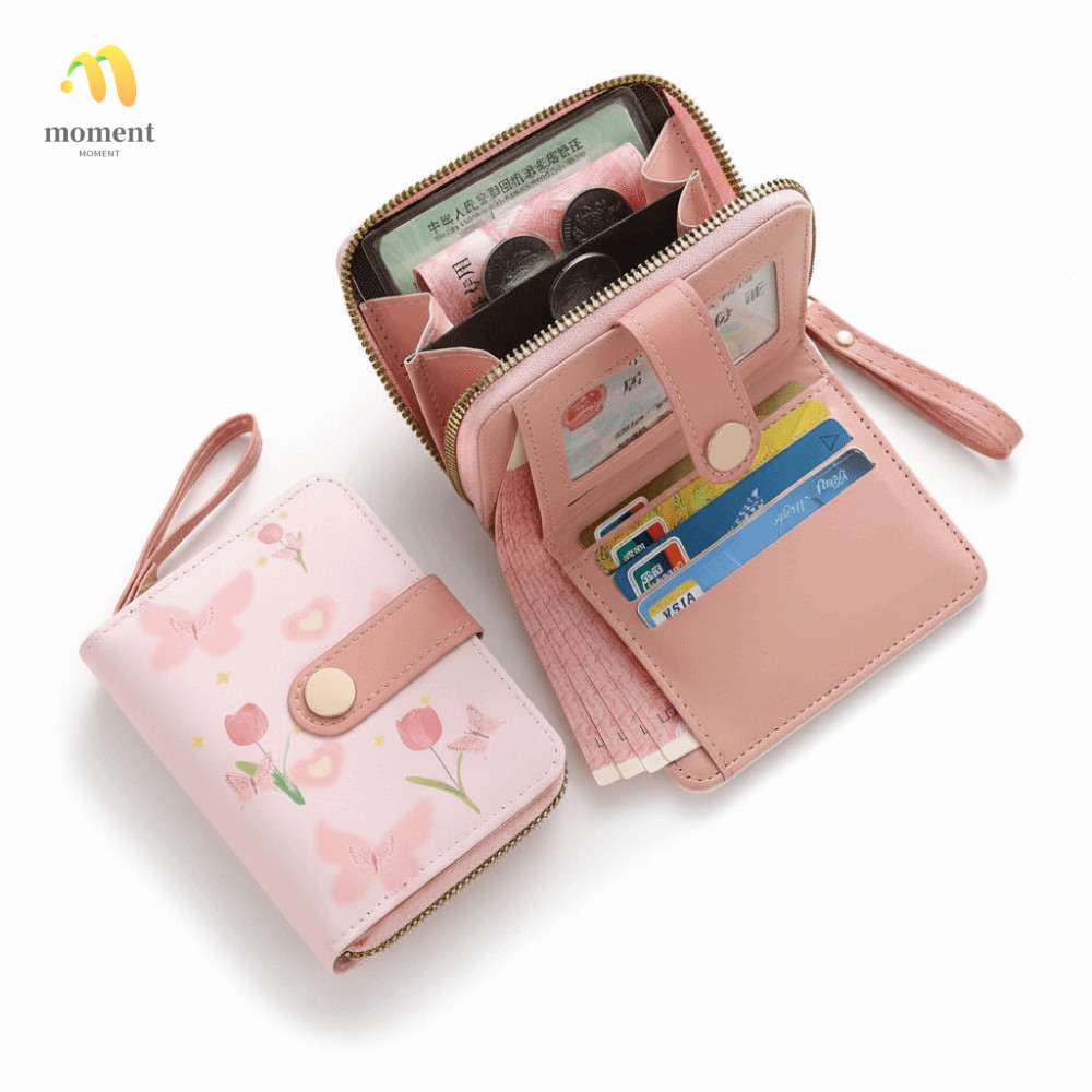 MOMENT ID Card Holder, Large Capacity Carrying Strap Short Wallet, Fashion Lightweight PU Leather Wo