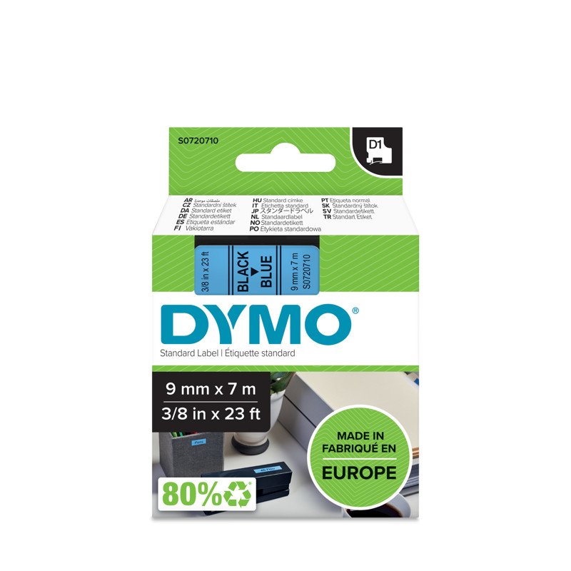 DYMO เทปพิมพ์อักษร รุ่น D1 เทปสีน้ำเงิน ตัวอักษรดำ ขนาด 9 มม. x 7 ม.