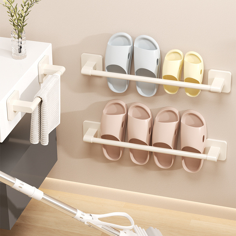 YFD SXH Cream-colored bathroom slipper rack, no-drill wall-mounted storage shelf for shoes with drai