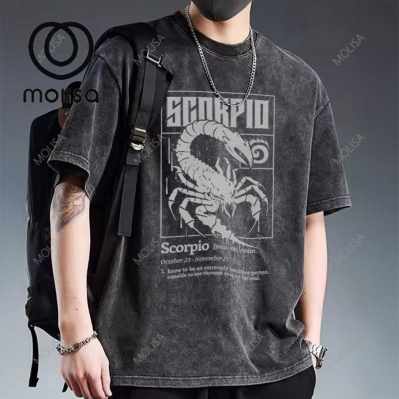 Molisa เสื้อยืด Scorpio ผ้าcotton 100% สกรีนDTG แฟชั่น ผ้าฟอก สีดำ ใส่ได้ทั้งชายและหญิง 68024#