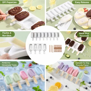 ถาดแม่พิมพ์ซิลิโคนสำหรับไอศกรีม พิมพ์ไอติมซิลิโคน 4 ช่องหรือ 8 ช่อง ทรงรี มีช่องเสียบไม้ ยืดหยุ่นถอดง่าย ทำขนมแช่แข็ง