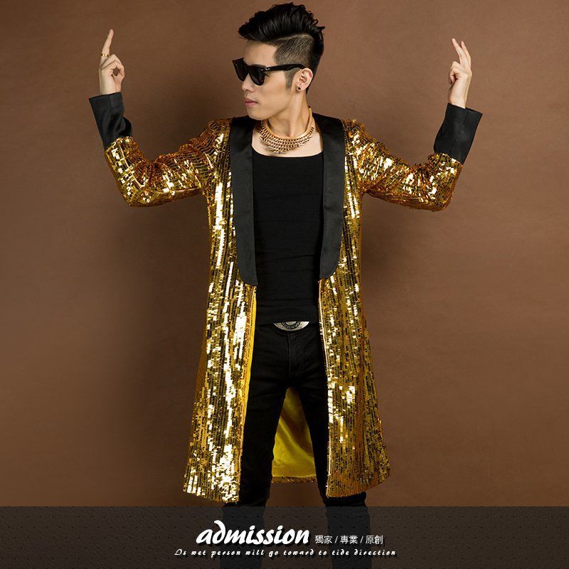 นักร้องชายคนดังเลื่อมกลางความยาว DS Street Wear แฟชั่น Windbreaker Host Magician Stage Wear Star นัก