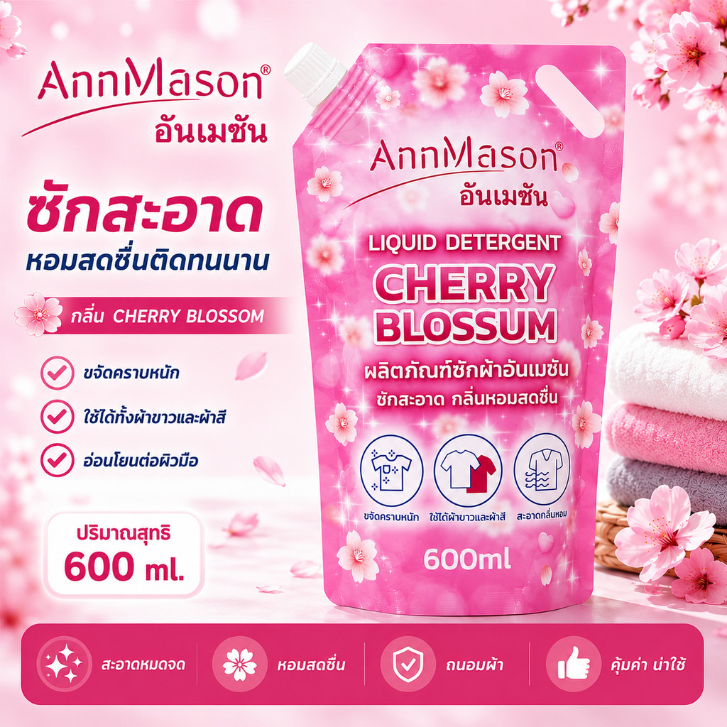 XYY-01【annmason】 น้ำยาซักผ้า กลิ่นซากุระ ผลิตภัณฑ์ซักผ้าชนิดน้ำ 600 ml กลิ่นหอมติดทน