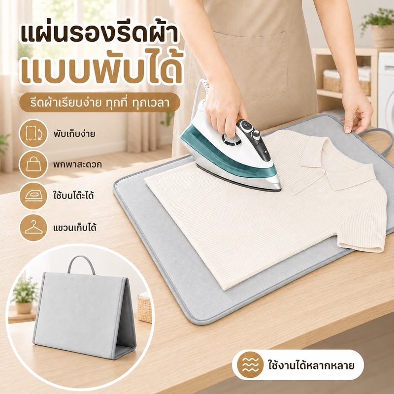 แผ่นรองรีดผ้าแบบพับได้ ใช้แขวนหรือวางบนพื้นผิว พกพาสะดวก จัดเก็บง่าย