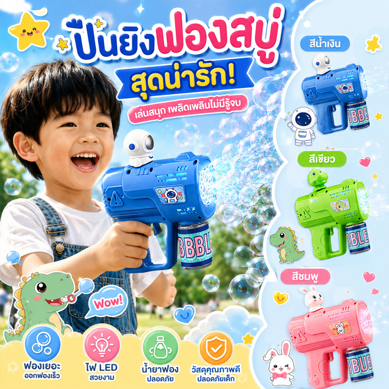 ของเล่นปืนเป่าฟองเด็ก พกพาสะดวก ตัวเครื่องขนาดเล็ก น้ำหนักเบา ลายการ์ตูน วัสดุปลอดภัย สีสันน่ารัก