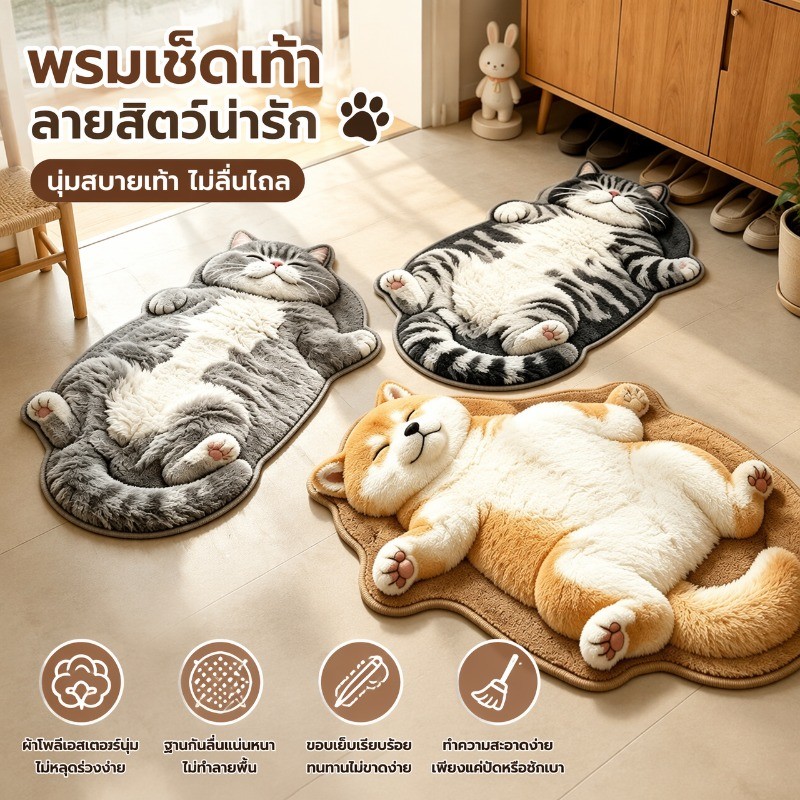 พรมเช็ดเท้า พรมแต่งห้อง นุ่มละมุน ป้องกันลื่น ไม่หลุดขน ทำความสะอาดง่าย กันคราบสกปรก ลายสัตว์การ์ตูน