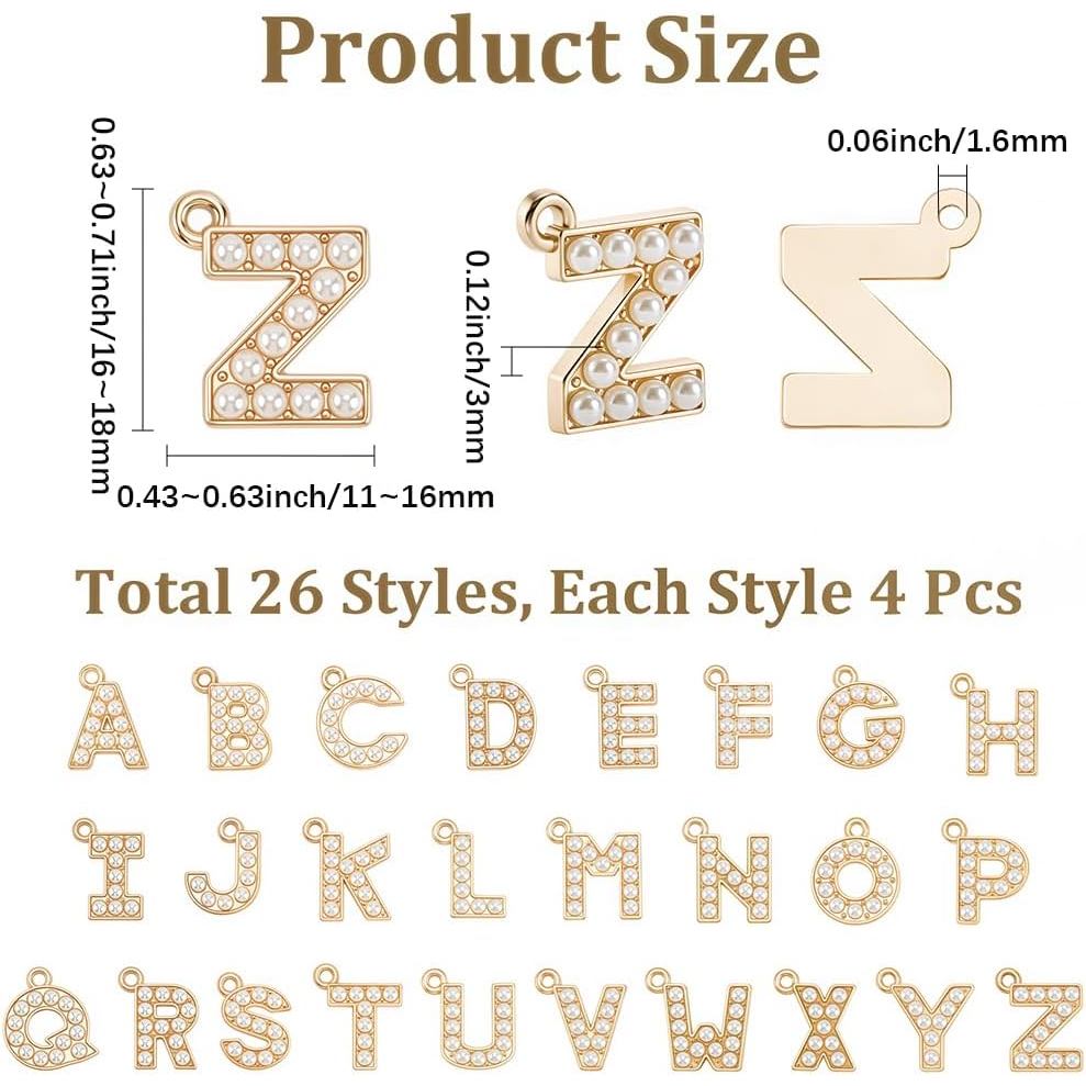 SUNNYCLUE 104 ชิ้น 26 รูปแบบ Pearl Letter Charms ทองเริ่มต้น Charms เลียนแบบไข่มุก Capital ลูกปัด AZ