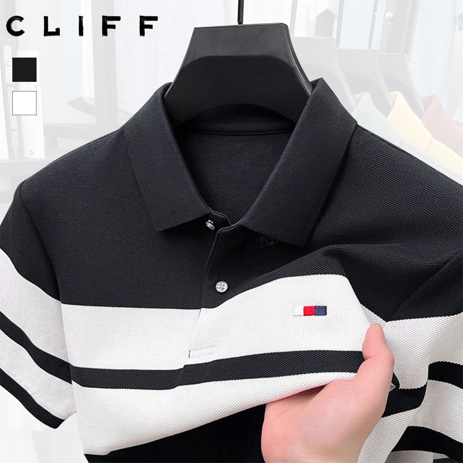 CLIFF เสื้อโปโลผู้ชาย คอปกดีไซน์ลายทาง ผ้าระบายอากาศ ศิลป์ยุคเรโทรสไตล์อเมริกัน สไตล์ลำลอง เหมาะใส่ประจำวันและไปทำงาน