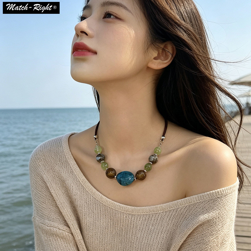 Elegant สีสันลูกปัด Bib สร้อยคอชาติพันธุ์ Boho ลูกปัดอะคริลิคเรขาคณิตสไตล์สร้อยคอสั้นหนัง Choker Chunky Choker สร้อยคอ