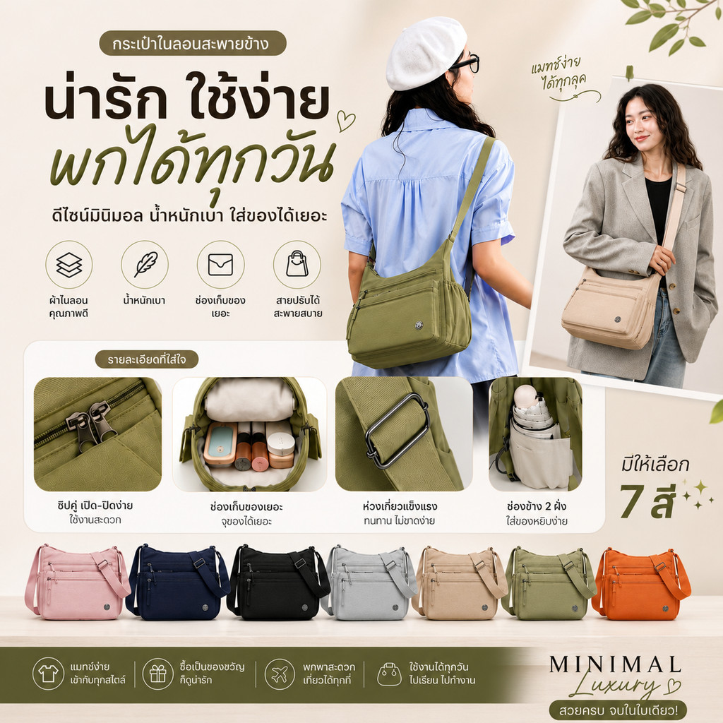 กระเป๋าผู้หญิง Multi Pocket Bag ดีไซน์ มินิมอล ช่องเก็บของเป็นสัดส่วน สะพายคล่องตัว เหมาะใช้ทุกวัน