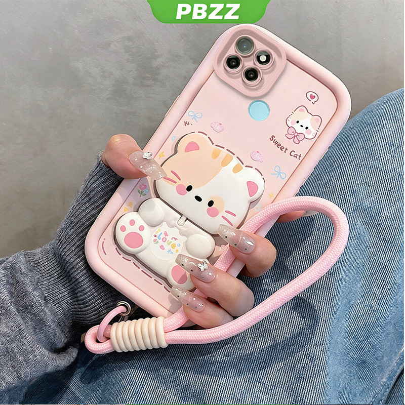 PBZZ สําหรับ Realme C21Y C25Y C21 เคสโทรศัพท์ Softcase ซิลิโคนกันกระแทกออกแบบใหม่ความงามสําหรับสาวแมวน่ารักพร้อมที่วางเชือกเส้นเล็ก JTDTMZJ3