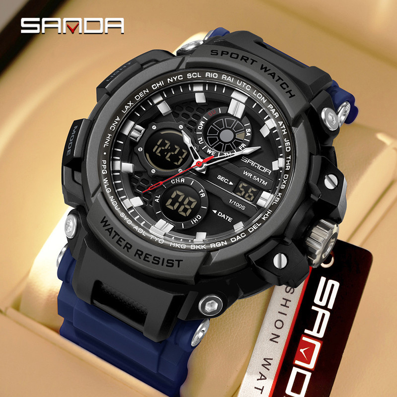 SANDA Mens 3 Time Zones Dual Display Watch มัลติฟังก์ชั่น Cool อินเทรนด์กีฬานาฬิกาของขวัญ