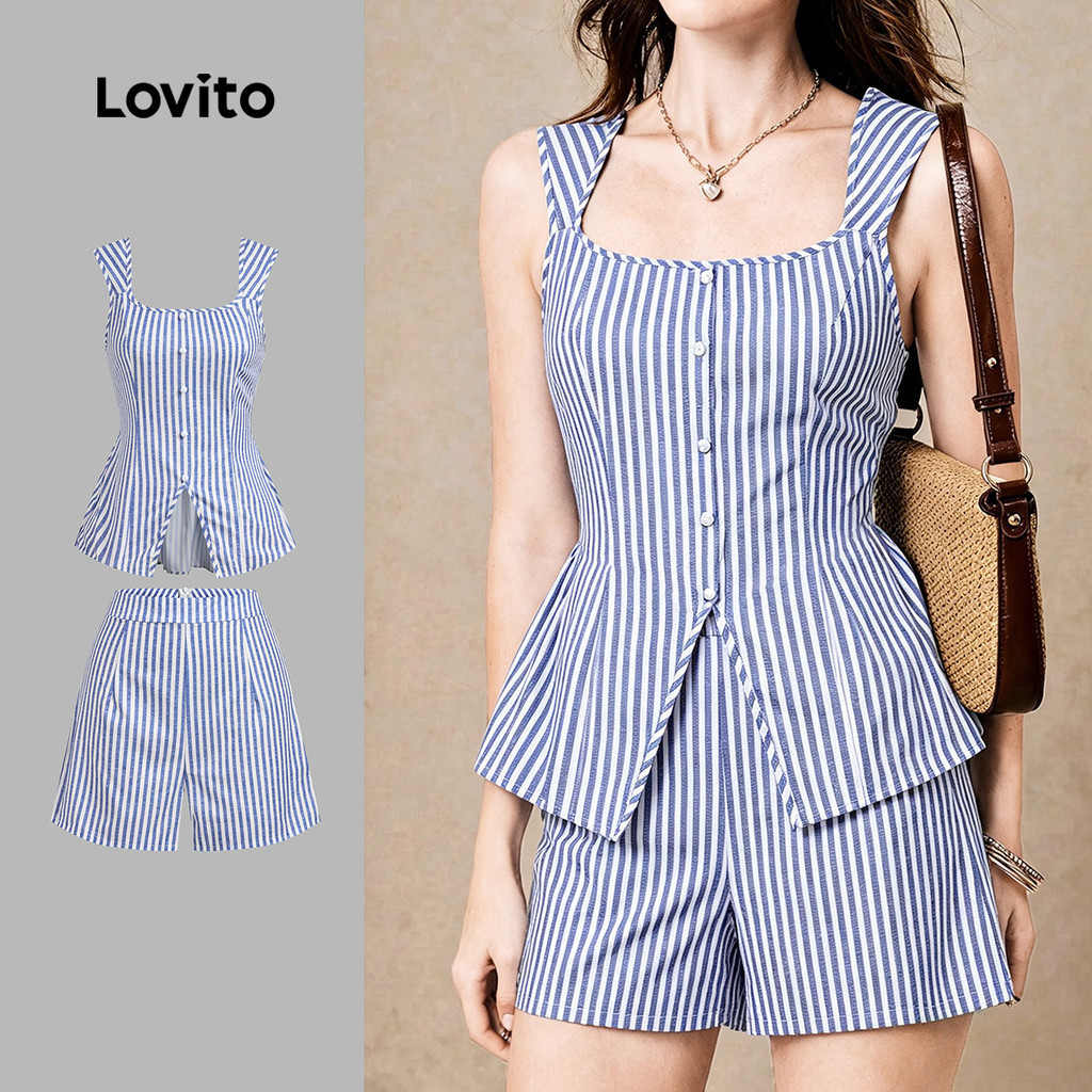Lovito เสื้อเบลาส์หรือกางเกงลําลอง ดีไซน์ลายเส้นทรงกระดุม สีฟ้า สําหรับฤดูใบไม้ผลิ/ฤดูร้อน LK5ED1004