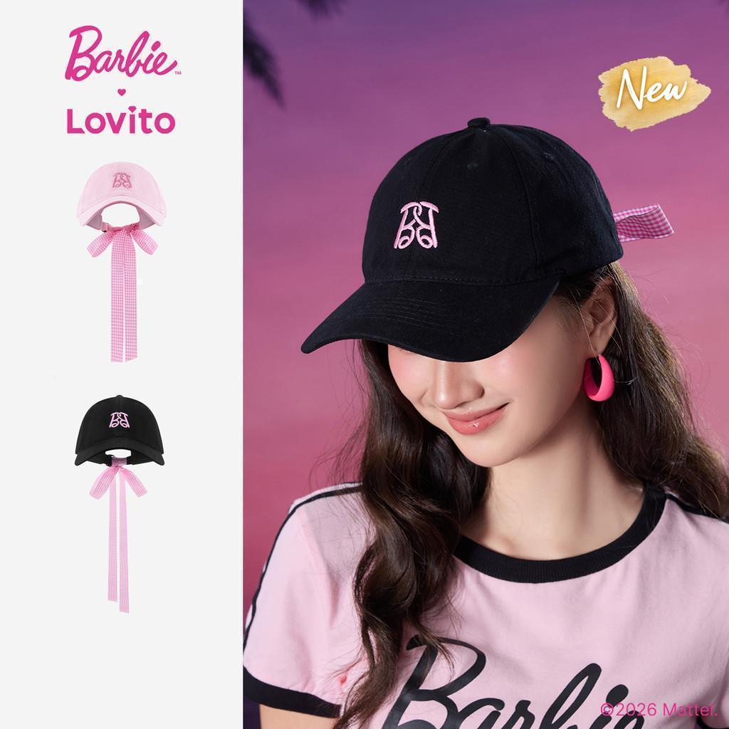(New Arrival) Barbie™ X Lovito หมวกสีดำวัสดุโพลีเอสเตอร์ ปักลาย เกาหลี อินเทรนด์ LBL5AD041