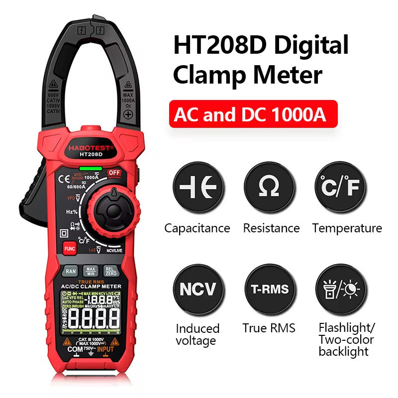 เครื่องวัดมัลติมิเตอร์แบบหนีบ HT208D HABOTEST สำหรับวัดแรงดันและกระแสไฟฟ้า AC/DC