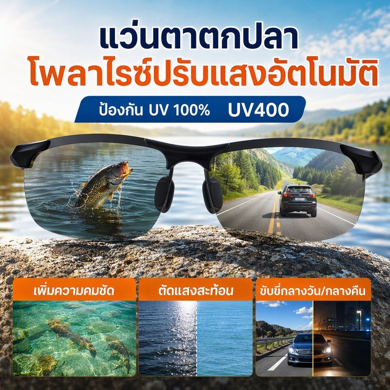 แว่นกันแดด แว่นตาตกปลา เลนส์โพลาไรซ์ปรับแสงอัตโนมัติ UV400 กันรังสียูวี 100% ใช้ได้ทั้งขับรถกลางวันกลางคืน