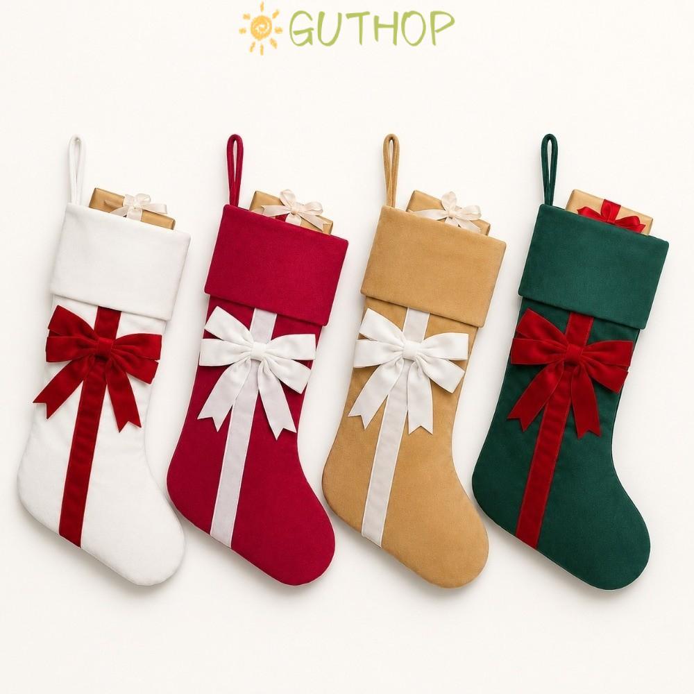 GUTHOP โบว์กํามะหยี่ Tie Christmas Stocking, พับริบบิ้นกระเป๋าของขวัญคริสต์มาส, Holiday Party Christ