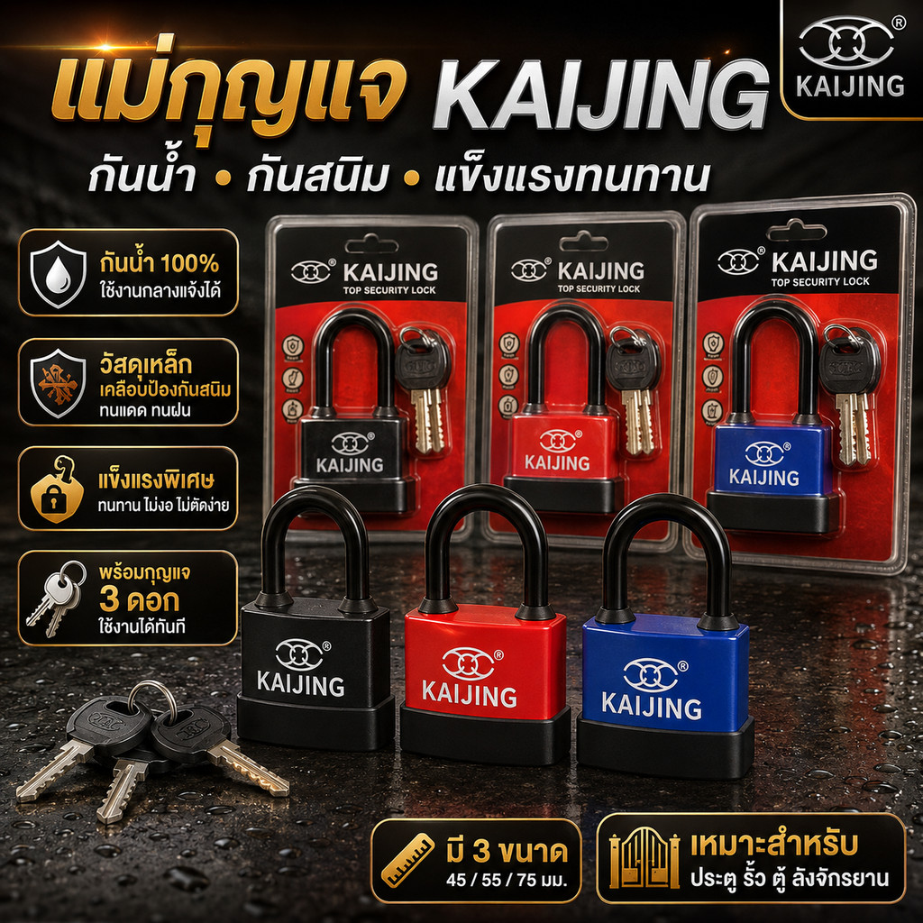 แม่กุญแจล็อคบ้านกันขโมย กันตัด กันน้ำป้องกันสนิม เหล็กหนาแข็งแรงทนทาน ขนาด 45/55/70mm คละสี