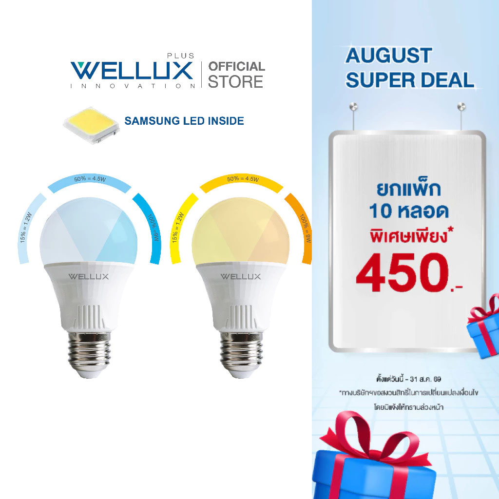 [Clearance]WELLUX หลอดไฟนวัตกรรมปรับแสงได้ 3 ระดับ ชิปซัมซุง 9W แสงขาว แสงวอร์ม LED Bulb 3 Step ขั้วE27