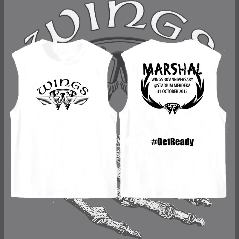 เสื้อกล้าม Wings 30th Anniversary Marshal ดีไซน์สองด้านโลโก้ปีกผ้าคอตตอนสีขาวเหมาะแฟนเพลงไปคอนเสิร์ต