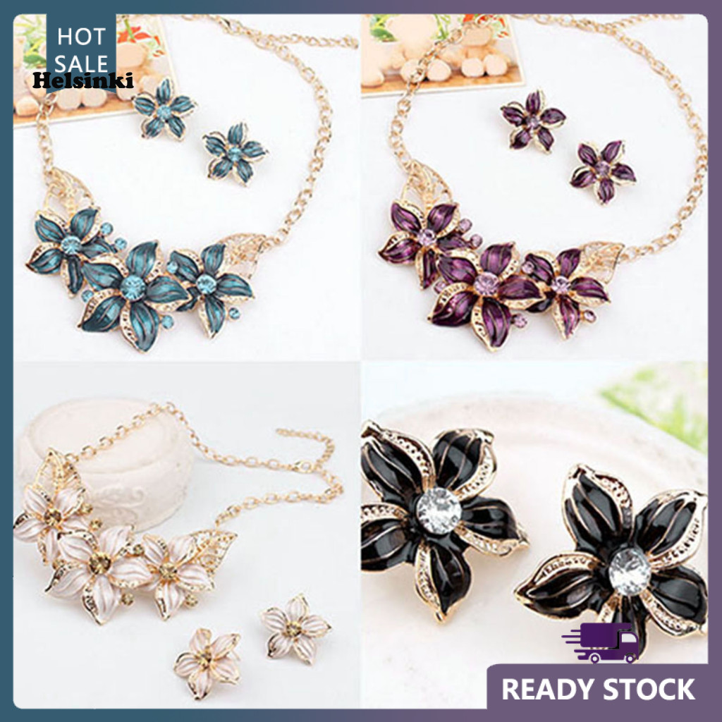 HLS แฟชั่นผู้หญิง Rhinestone ดอกไม้สร้อยคอจี้ต่างหูชุดเครื่องประดับ
