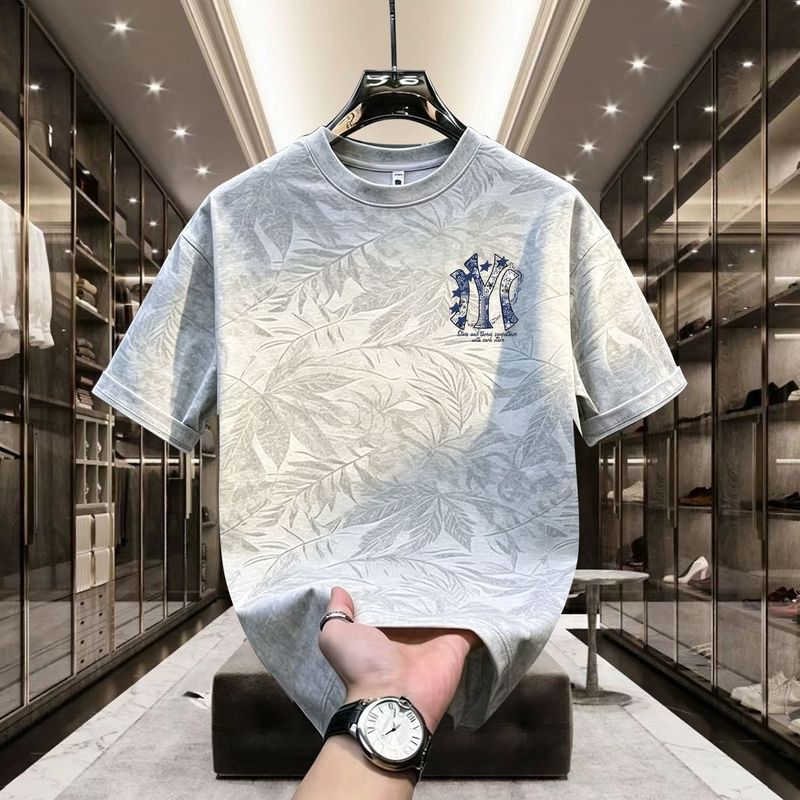 Loose Tie-Dye เสื้อยืดแขนสั้นผู้ชายอินเทรนด์รอบคอ Top Leaf Tie-Dye T