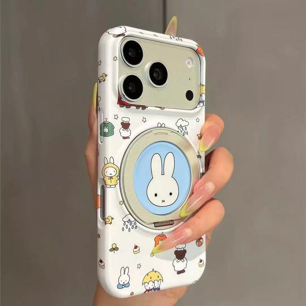 กระต่ายสีขาวน่ารัก 360 หมุนวงเล็บแม่เหล็กกรณีโทรศัพท์มือถือเหมาะสําหรับ ไอโฟน17 16 15 มือโปร สูงสุด กันกระแทกกล้องป้องกันลดลงฮาร์ดปกหลัง